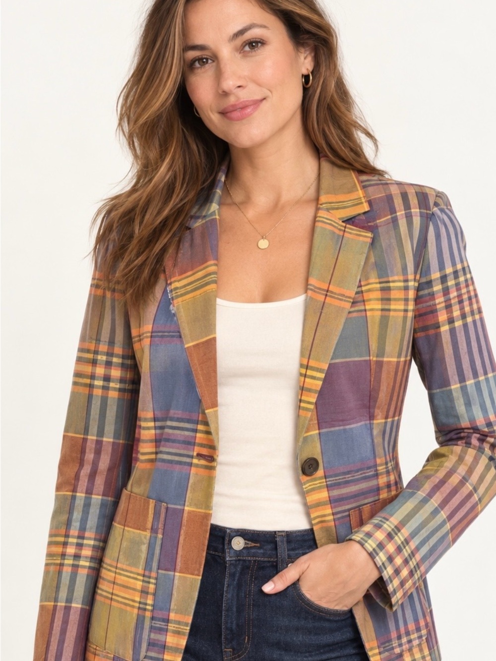 Tommy Hilfiger Women’s S/P Madras Plaid Cotton Blazer Multicolor Preppy